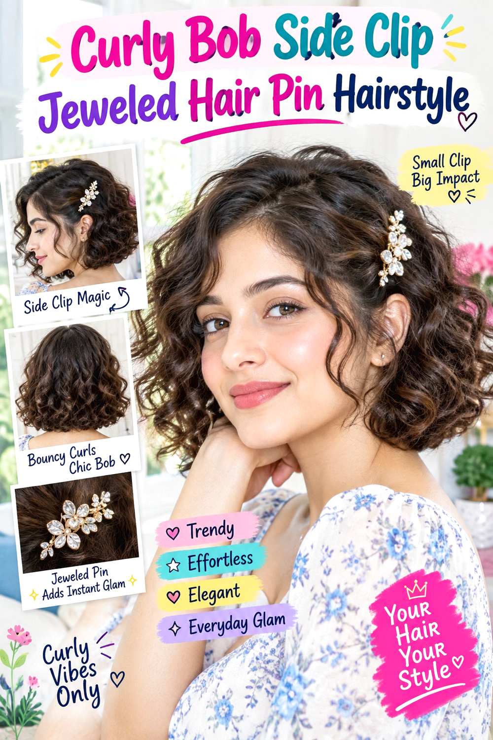 Curly Bob Side Clip Jeweled Hair Pin Hairstyle