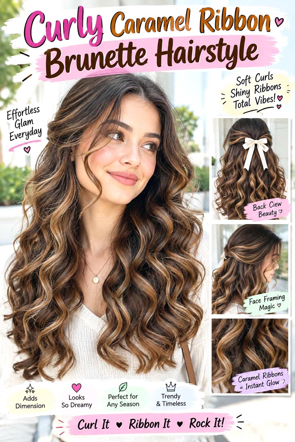 Curly Caramel Ribbon Brunette Hairstyle