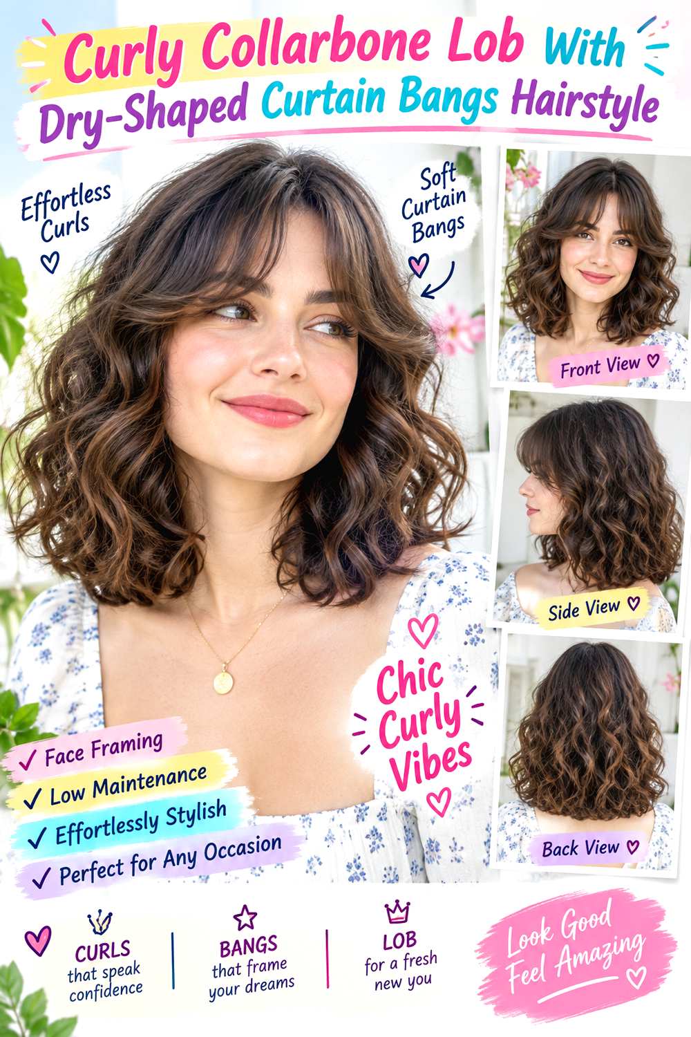 Curly Collarbone Lob With Dry-Shaped Curtain Bangs Hairstyle