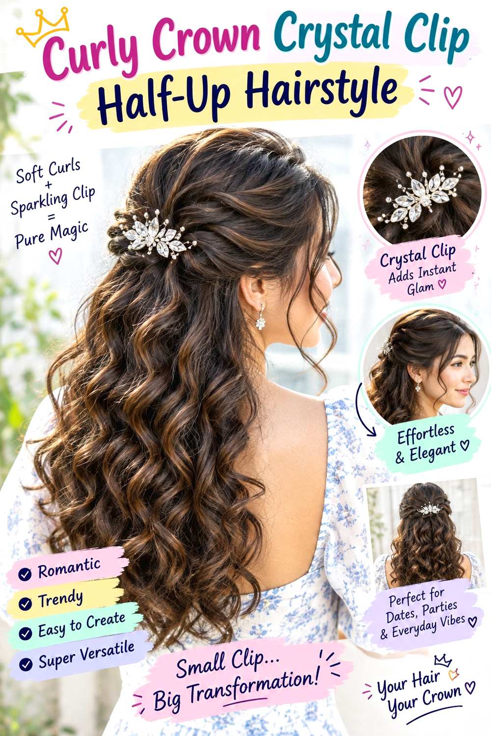 Curly Crown Crystal Clip Half-Up Hairstyle