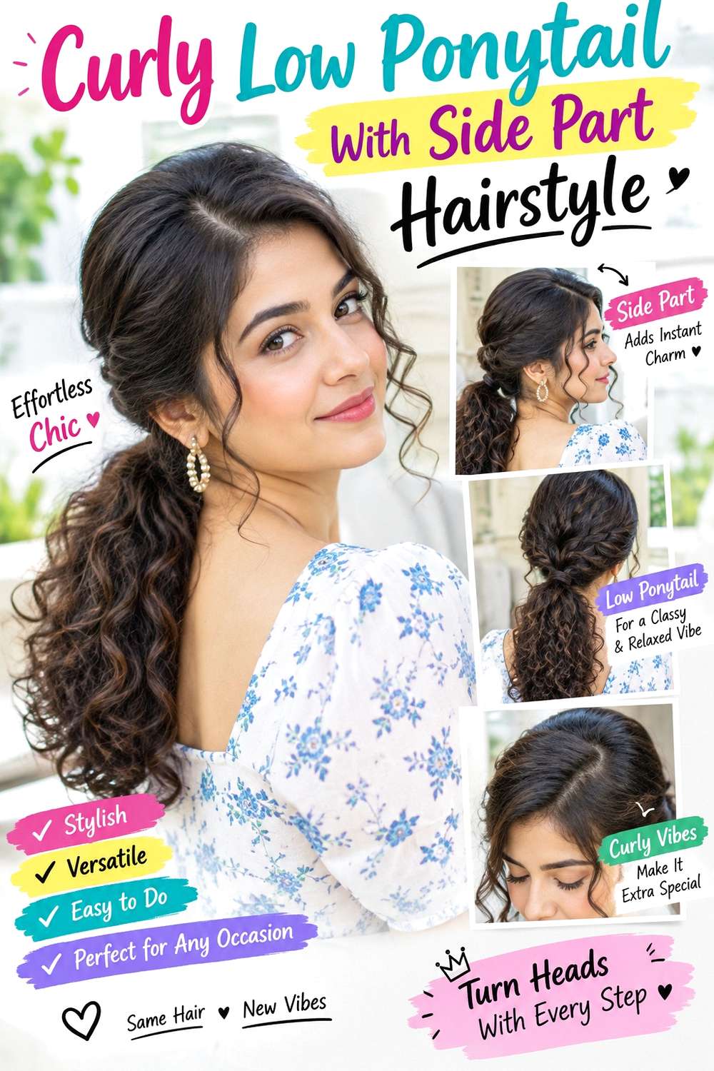 Curly Low Ponytail With Side Part Hairstyle