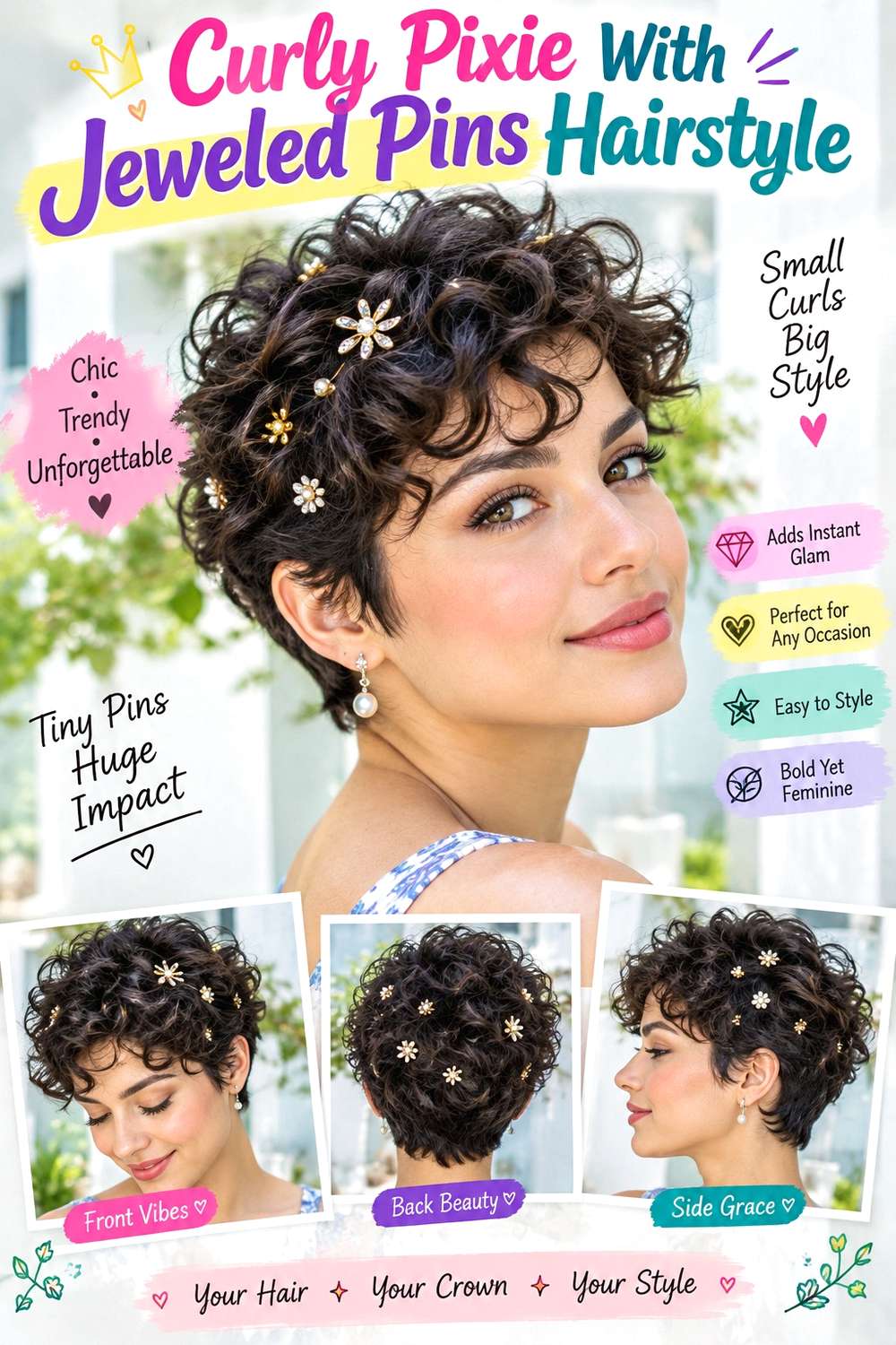 Curly Pixie With Jeweled Pins Hairstyle