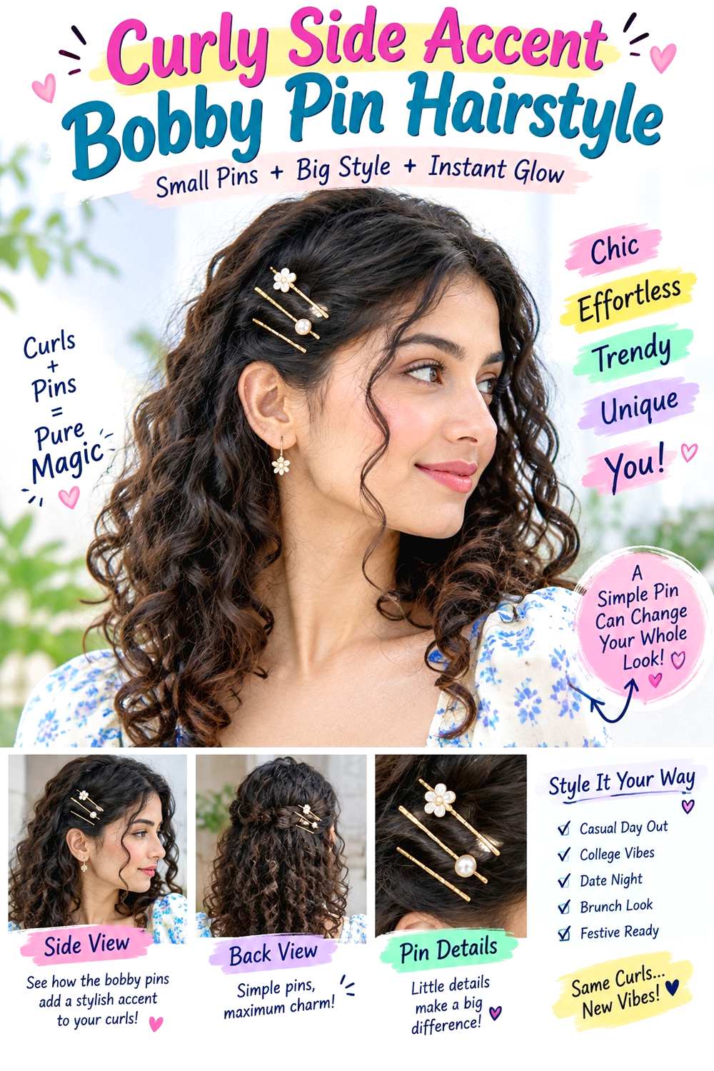 Curly Side Accent Bobby Pin Hairstyle