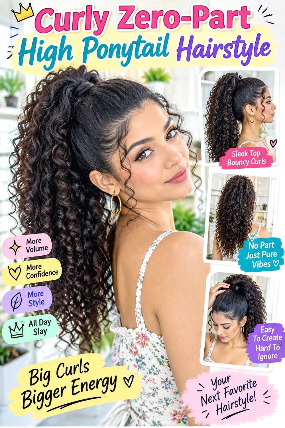 Curly Zero-Part High Ponytail Hairstyle