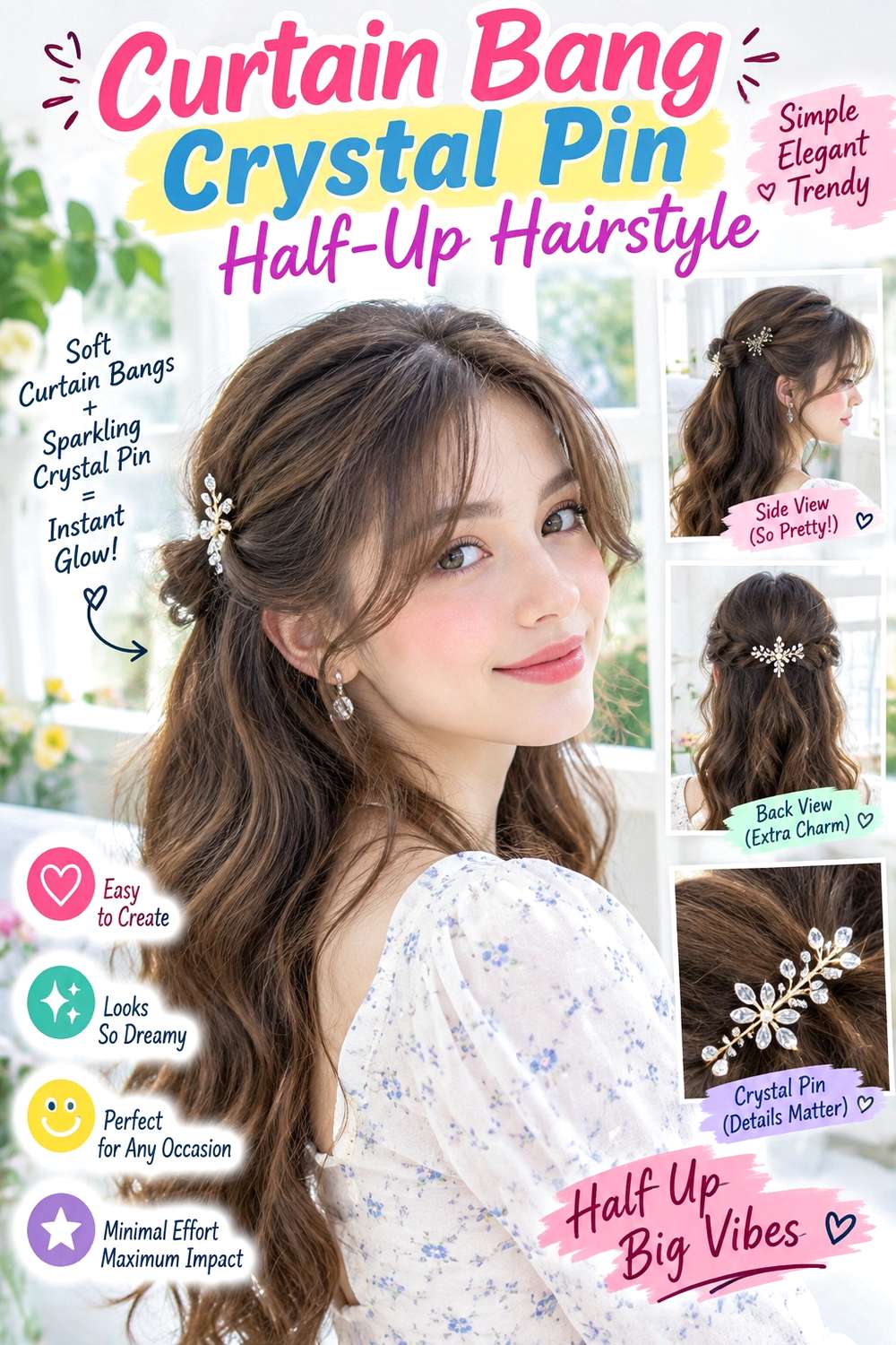 Curtain Bang Crystal Pin Half-Up Hairstyle