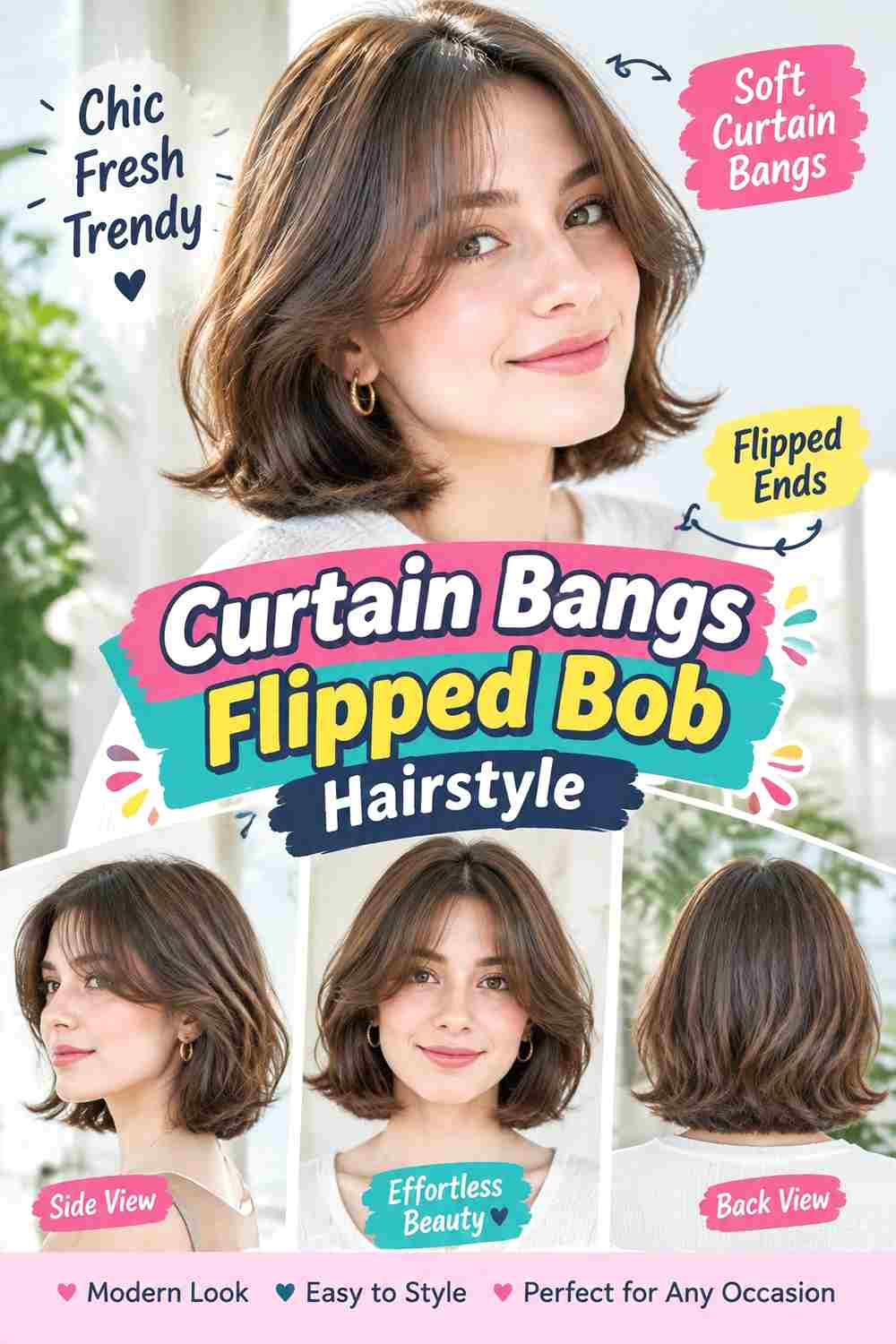 Curtain Bangs Flipped Bob Hairstyle