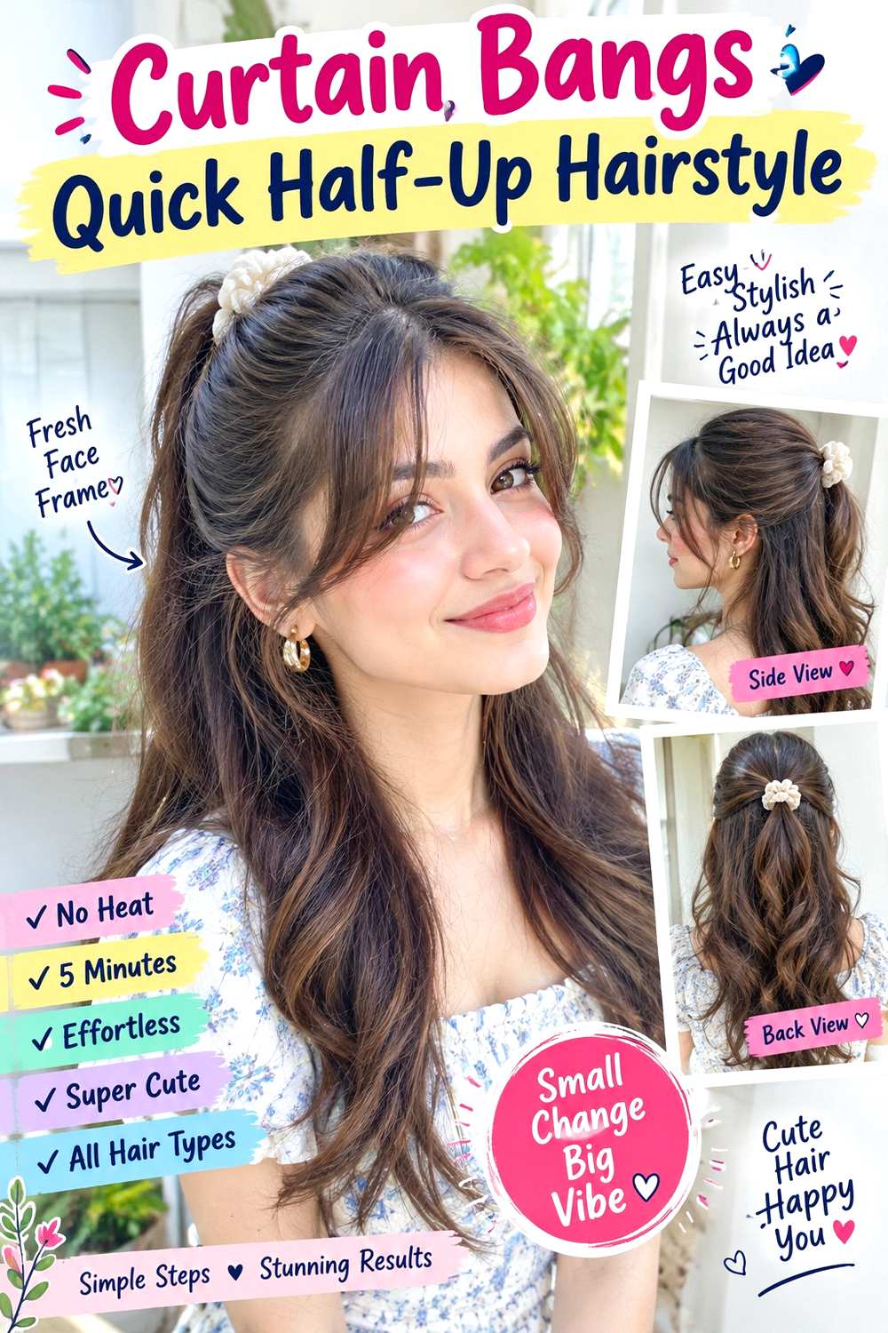 Curtain Bangs Quick Half-Up Hairstyle