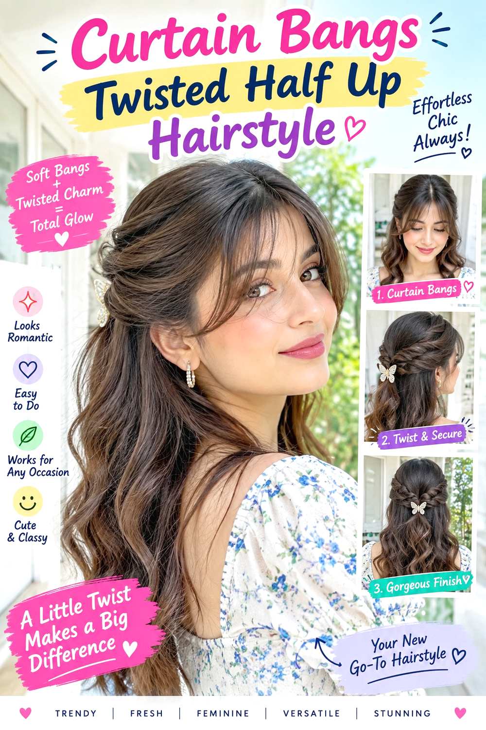 Curtain Bangs Twisted Half Up Hairstyle