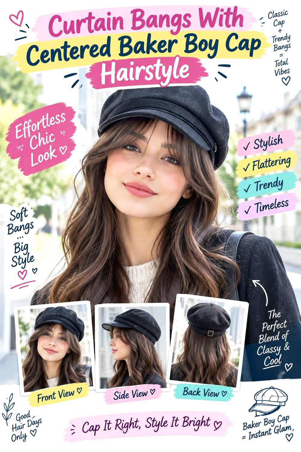 Curtain Bangs With Centered Baker Boy Cap Hairstyle