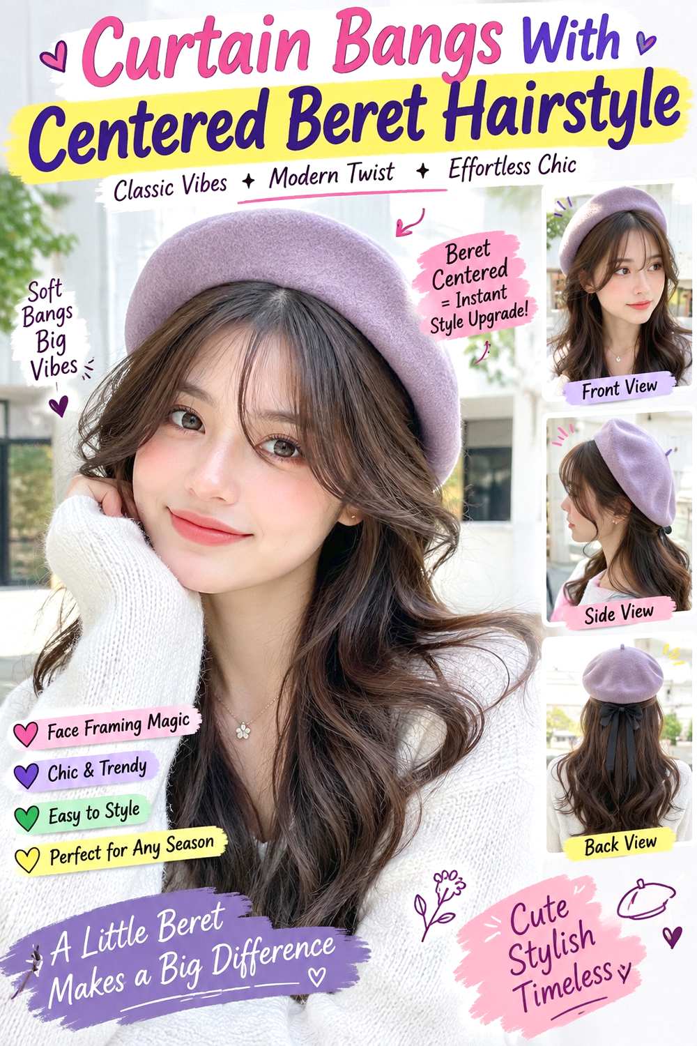 Curtain Bangs With Centered Beret Hairstyle