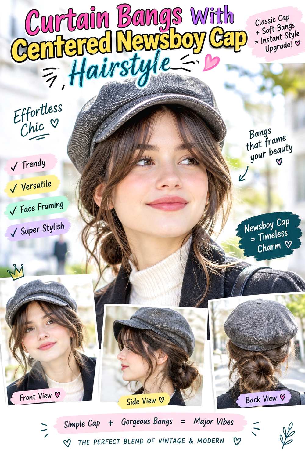 Curtain Bangs With Centered Newsboy Cap Hairstyle