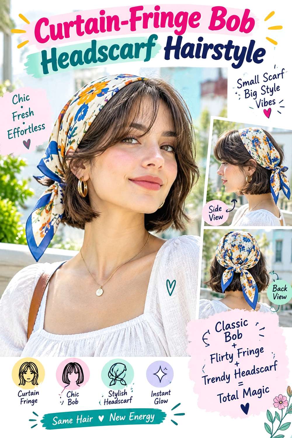 Curtain-Fringe Bob Headscarf Hairstyle
