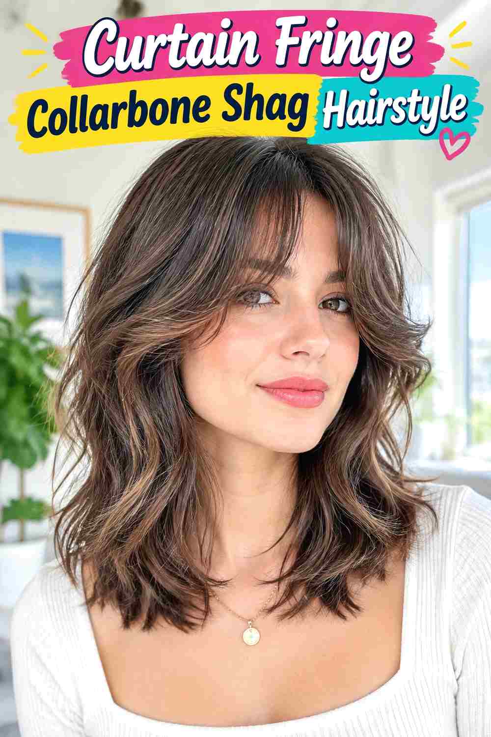 Curtain Fringe Collarbone Shag Hairstyle