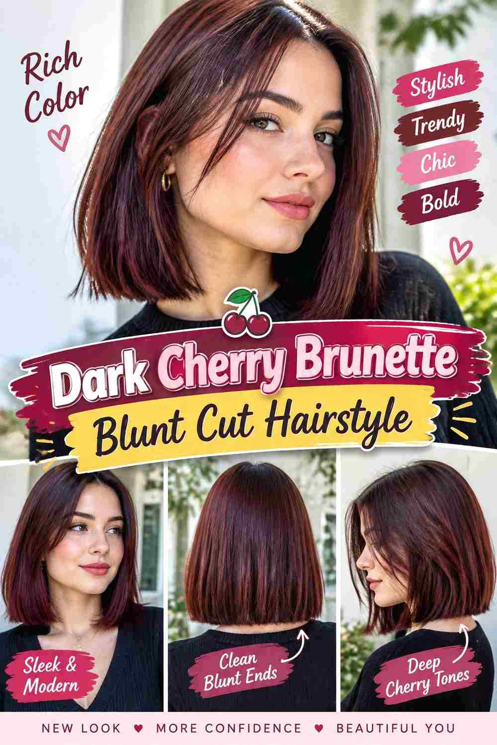 Dark Cherry Brunette Blunt Cut Hairstyle