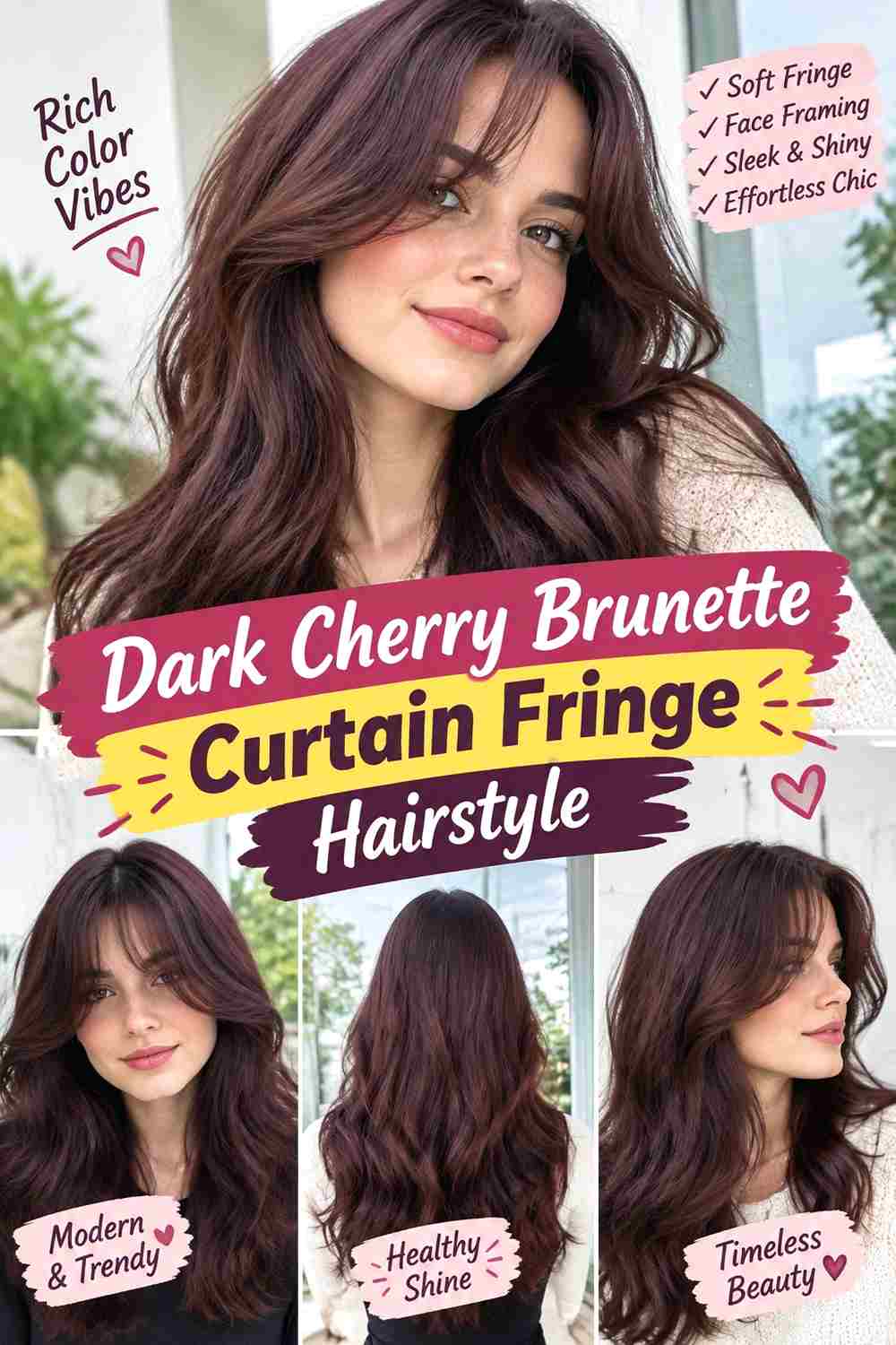 Dark Cherry Brunette Curtain Fringe Hairstyle