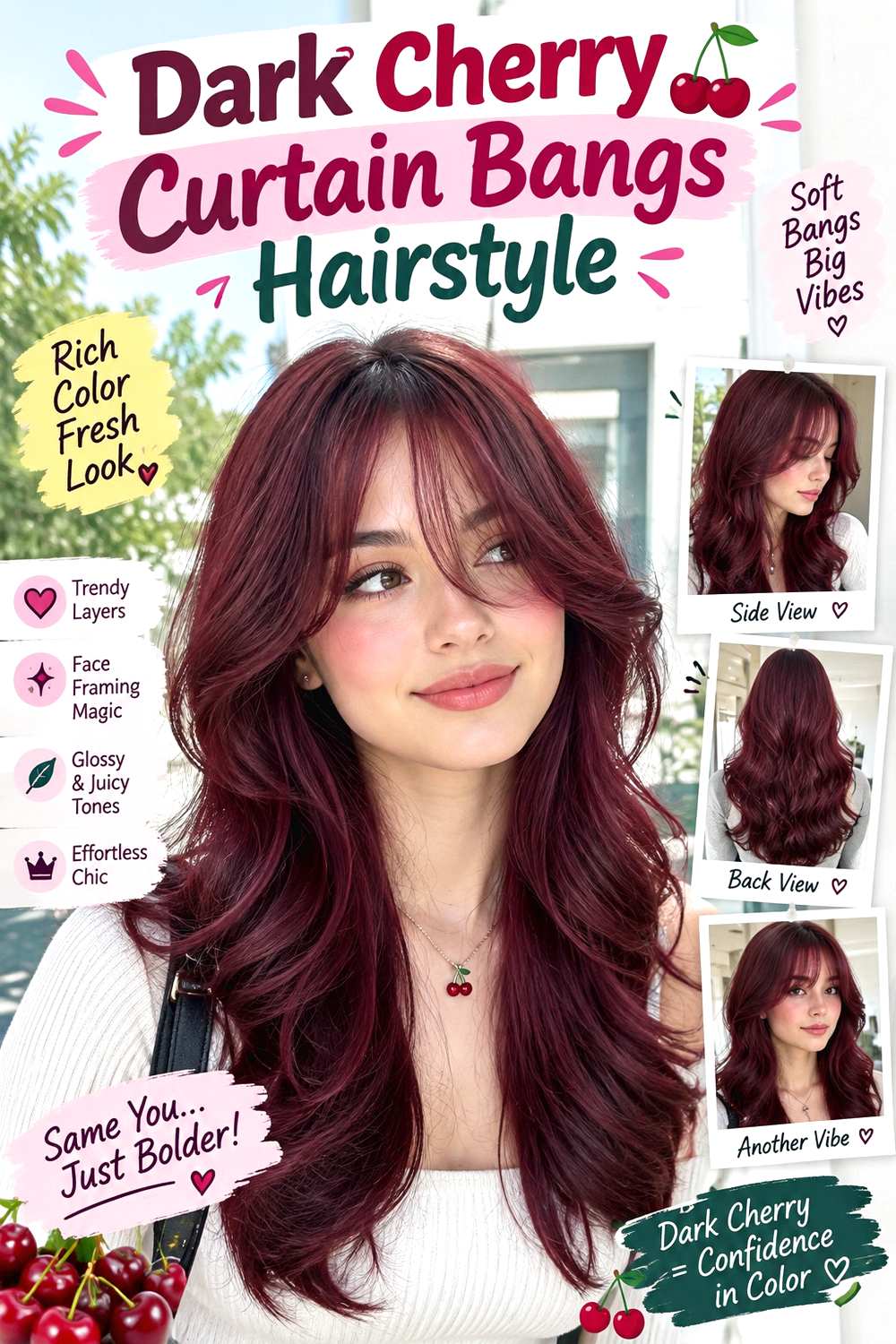 Dark Cherry Curtain Bangs Hairstyle