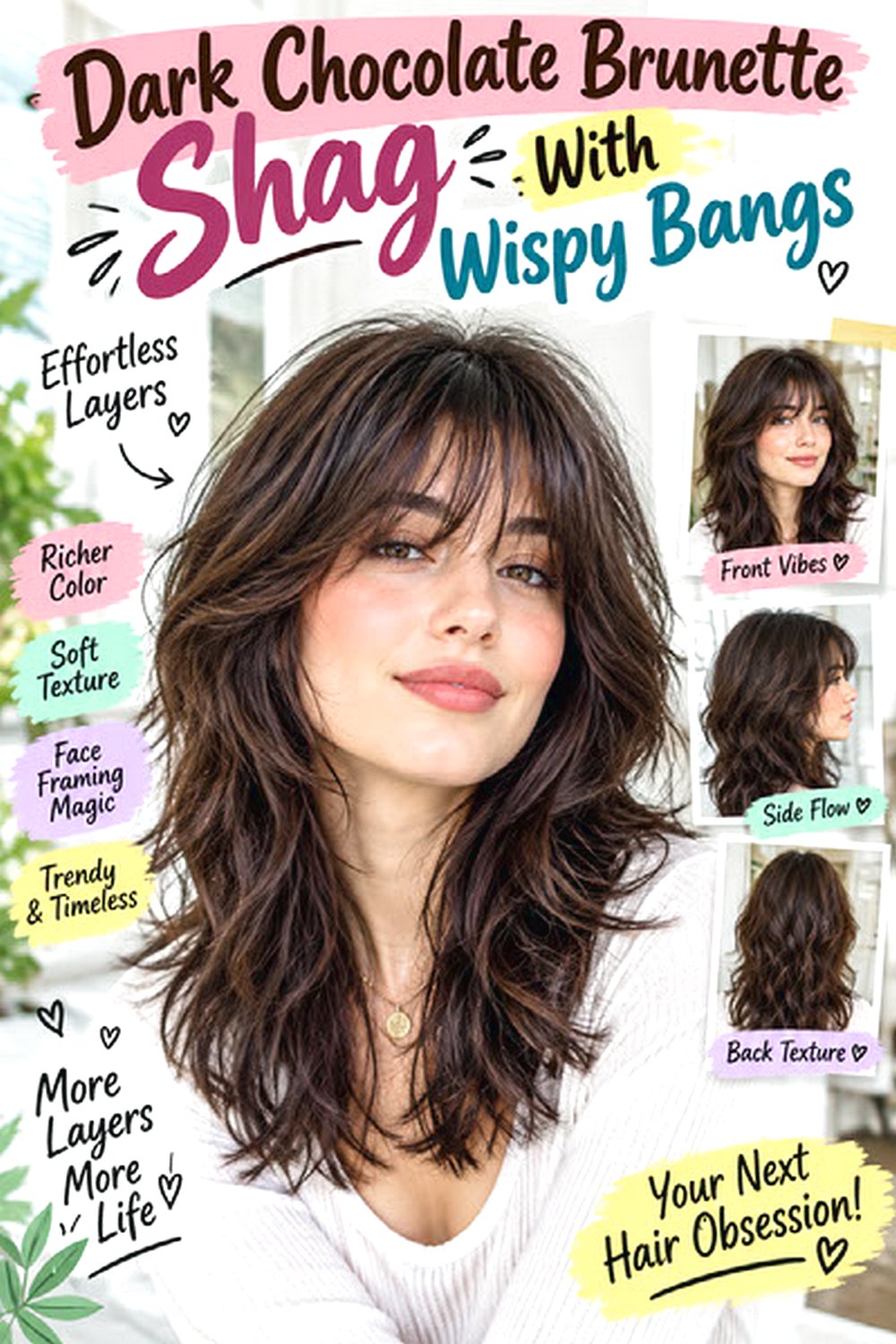 Dark Chocolate Brunette Shag With Wispy Bangs