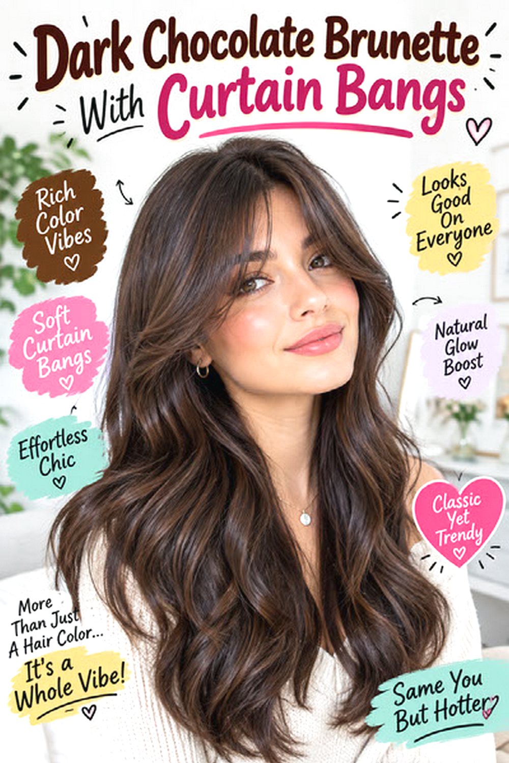 Dark Chocolate Brunette With Curtain Bangs