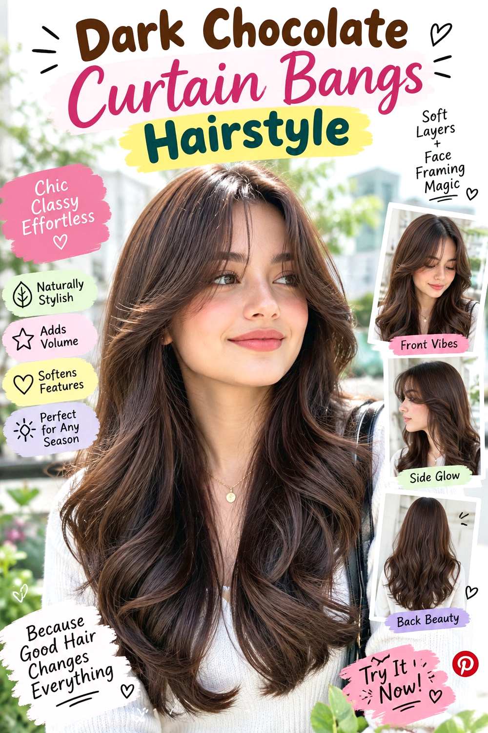 Dark Chocolate Curtain Bangs Hairstyle