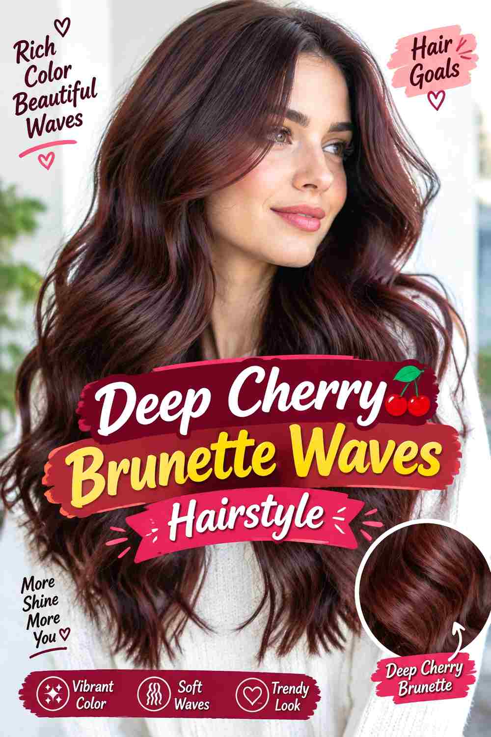 Deep Cherry Brunette Waves Hairstyle