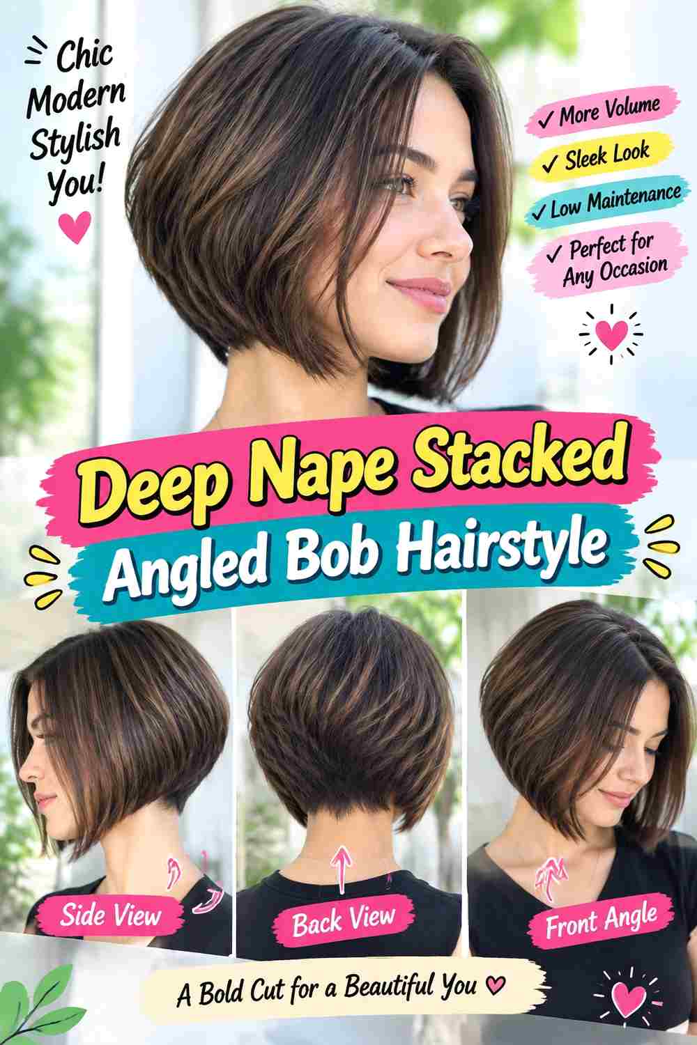 Deep Nape Stacked Angled Bob Hairstyle