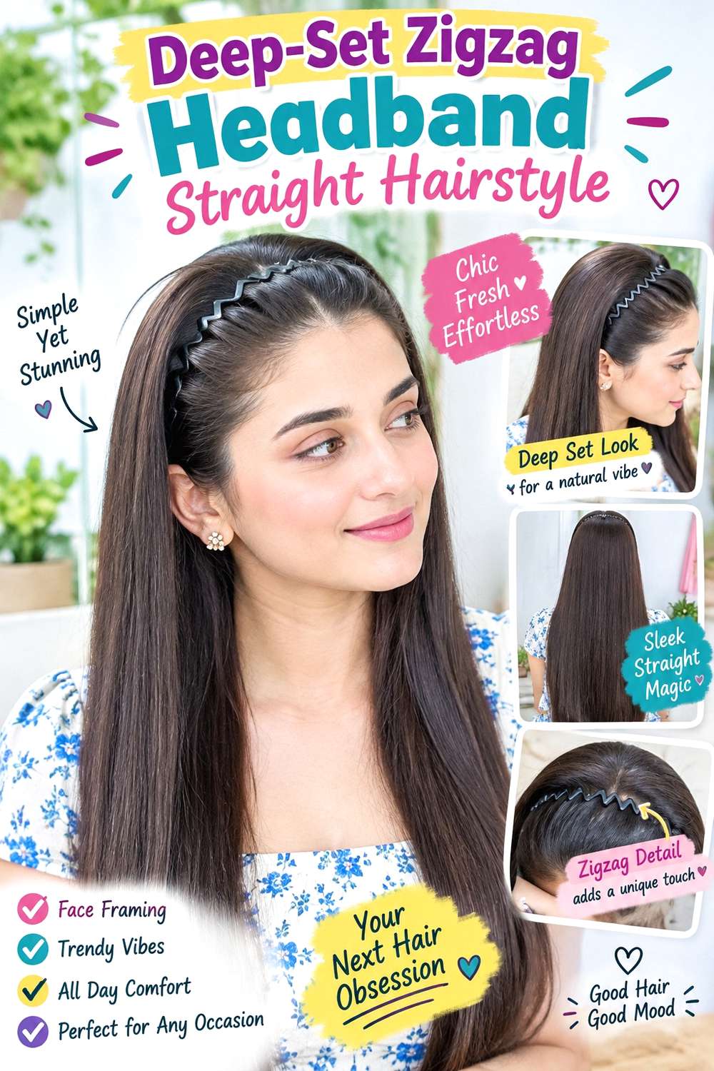 Deep-Set Zigzag Headband Straight Hairstyle