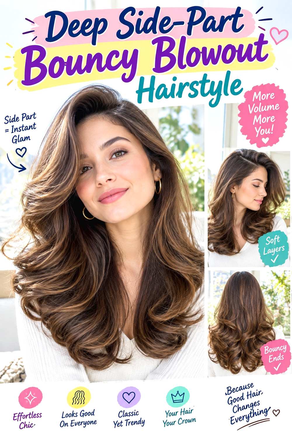 Deep Side-Part Bouncy Blowout Hairstyle