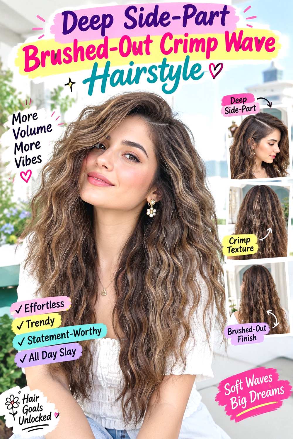 Deep Side-Part Brushed-Out Crimp Wave Hairstyle