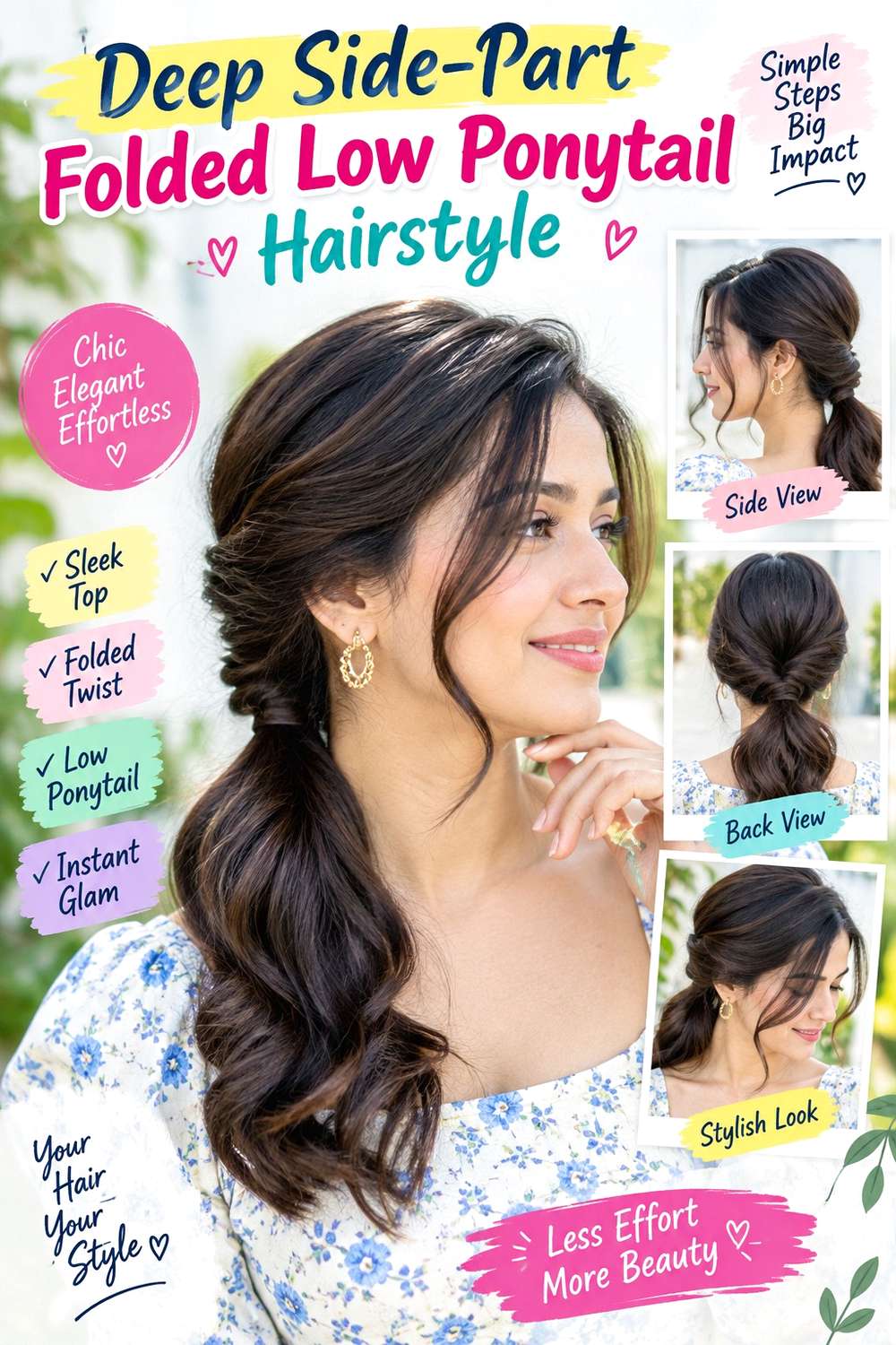 Deep Side-Part Folded Low Ponytail Hairstyle