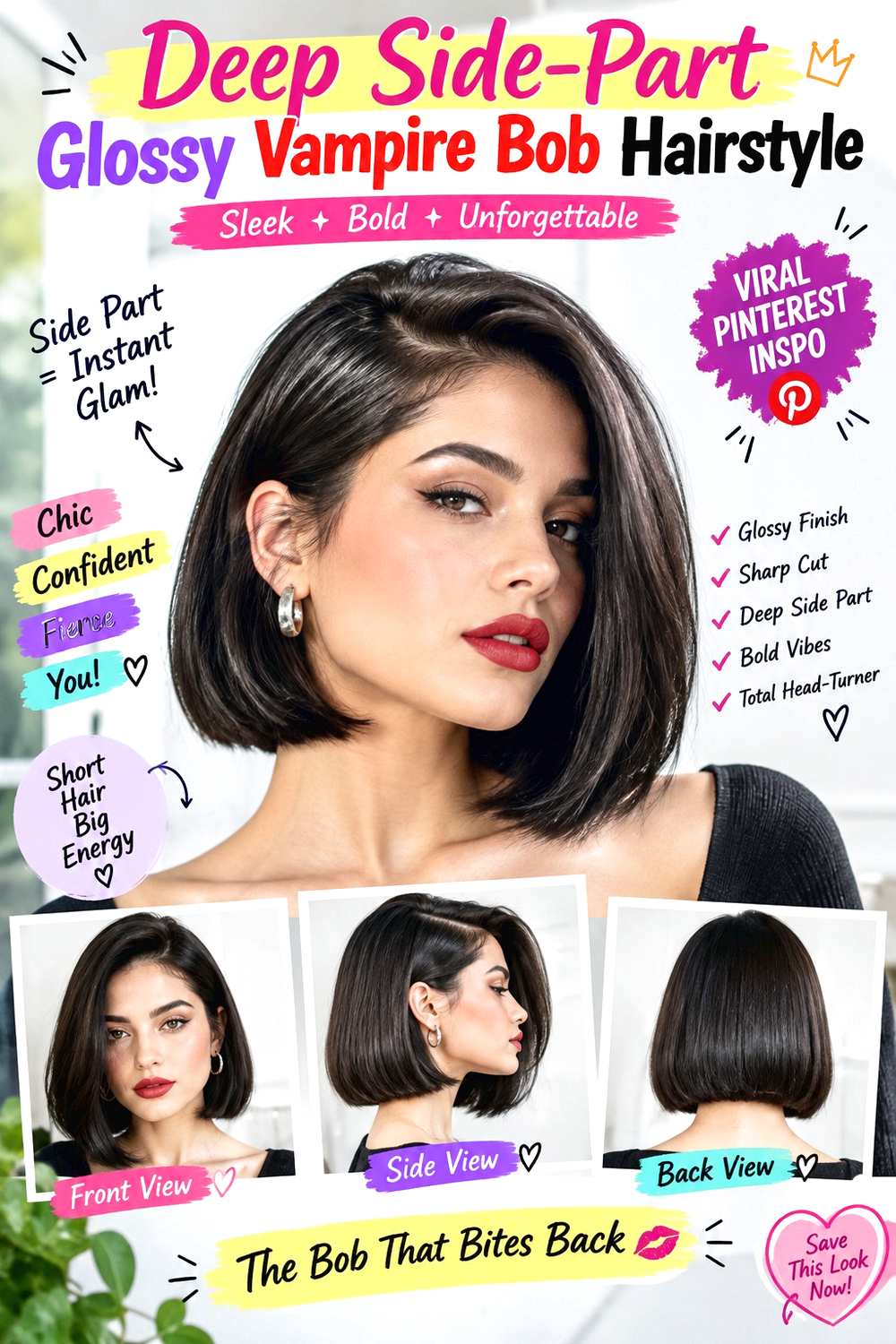 Deep Side-Part Glossy Vampire Bob Hairstyle