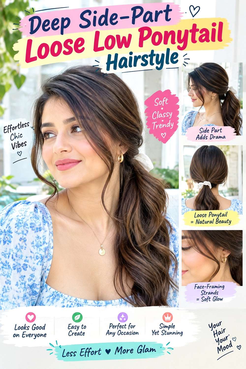 Deep Side-Part Loose Low Ponytail Hairstyle