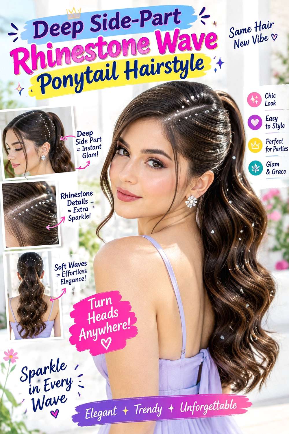 Deep Side-Part Rhinestone Wave Ponytail Hairstyle