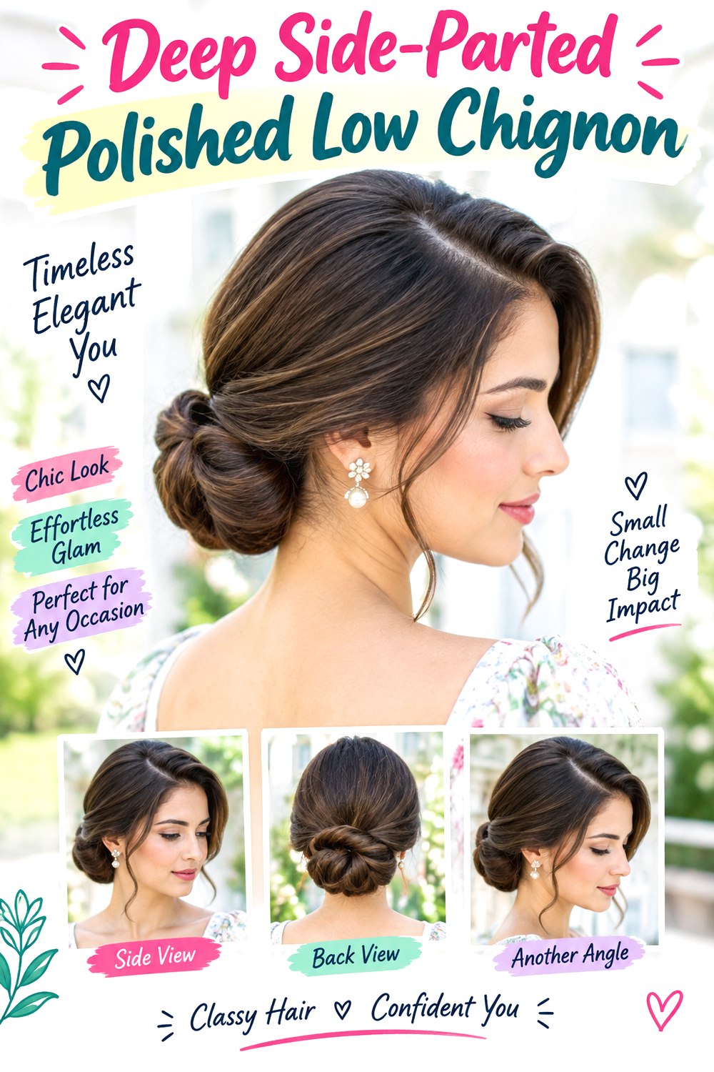 Deep Side-Parted Polished Low Chignon hairstyle