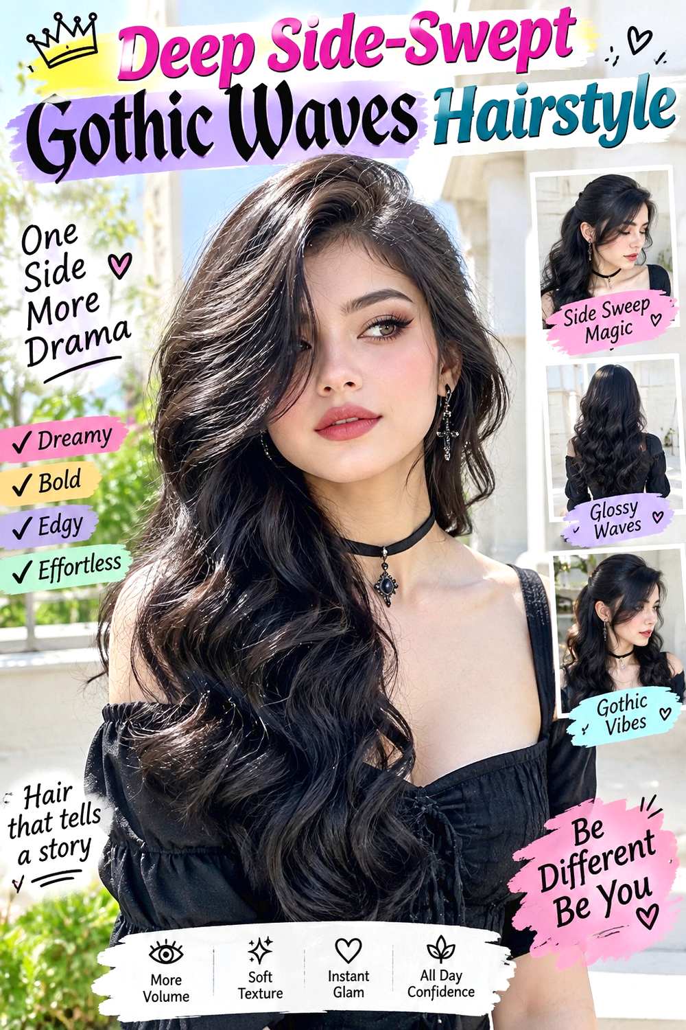 Deep Side-Swept Gothic Waves Hairstyle