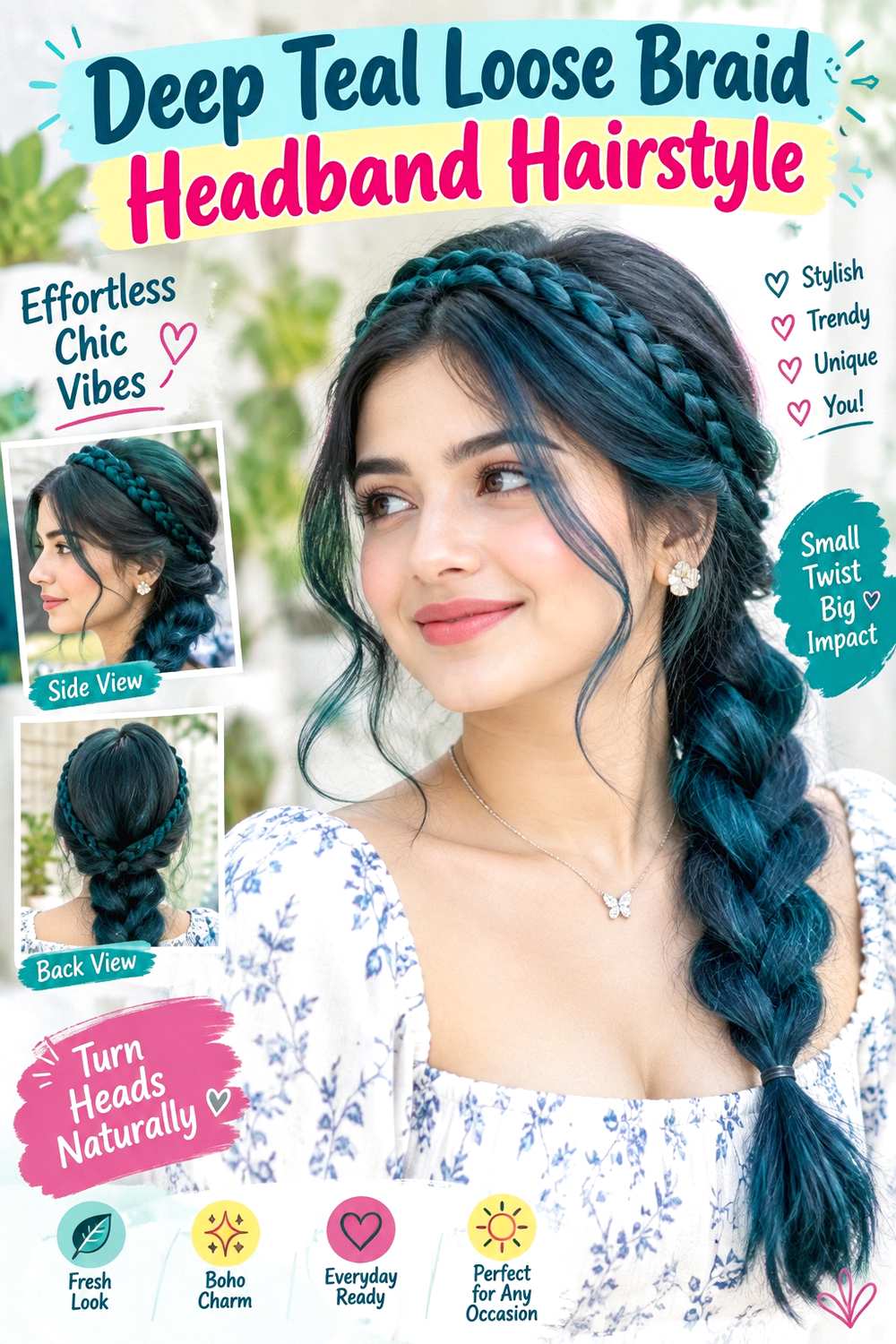 Deep Teal Loose Braid Headband Hairstyle