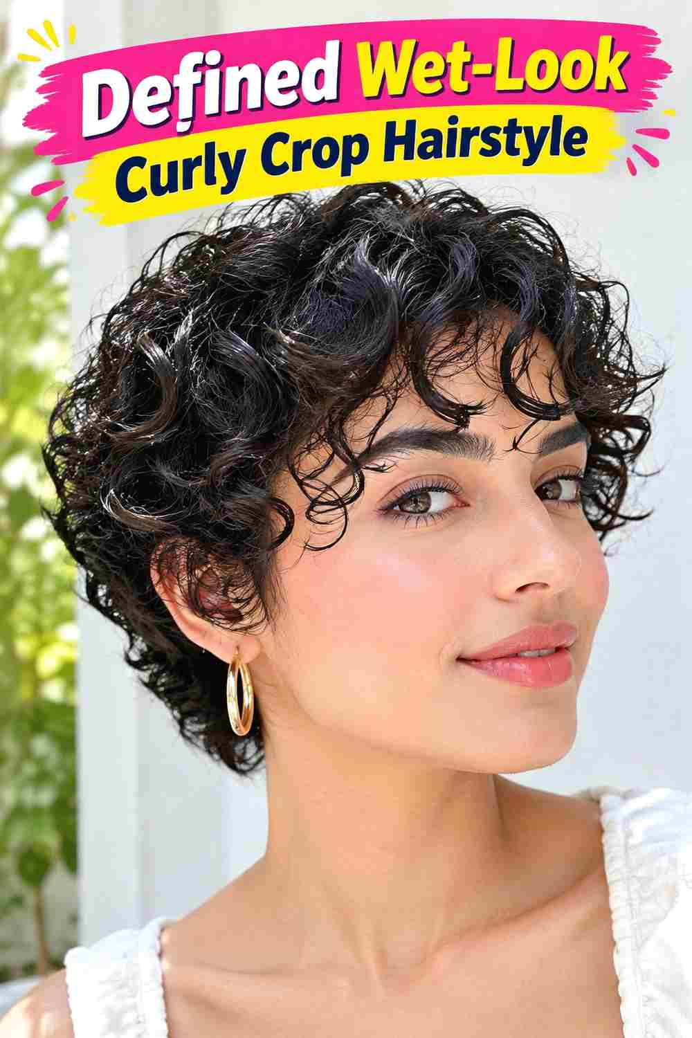 Defined Wet-Look Curly Crop Hairstyle