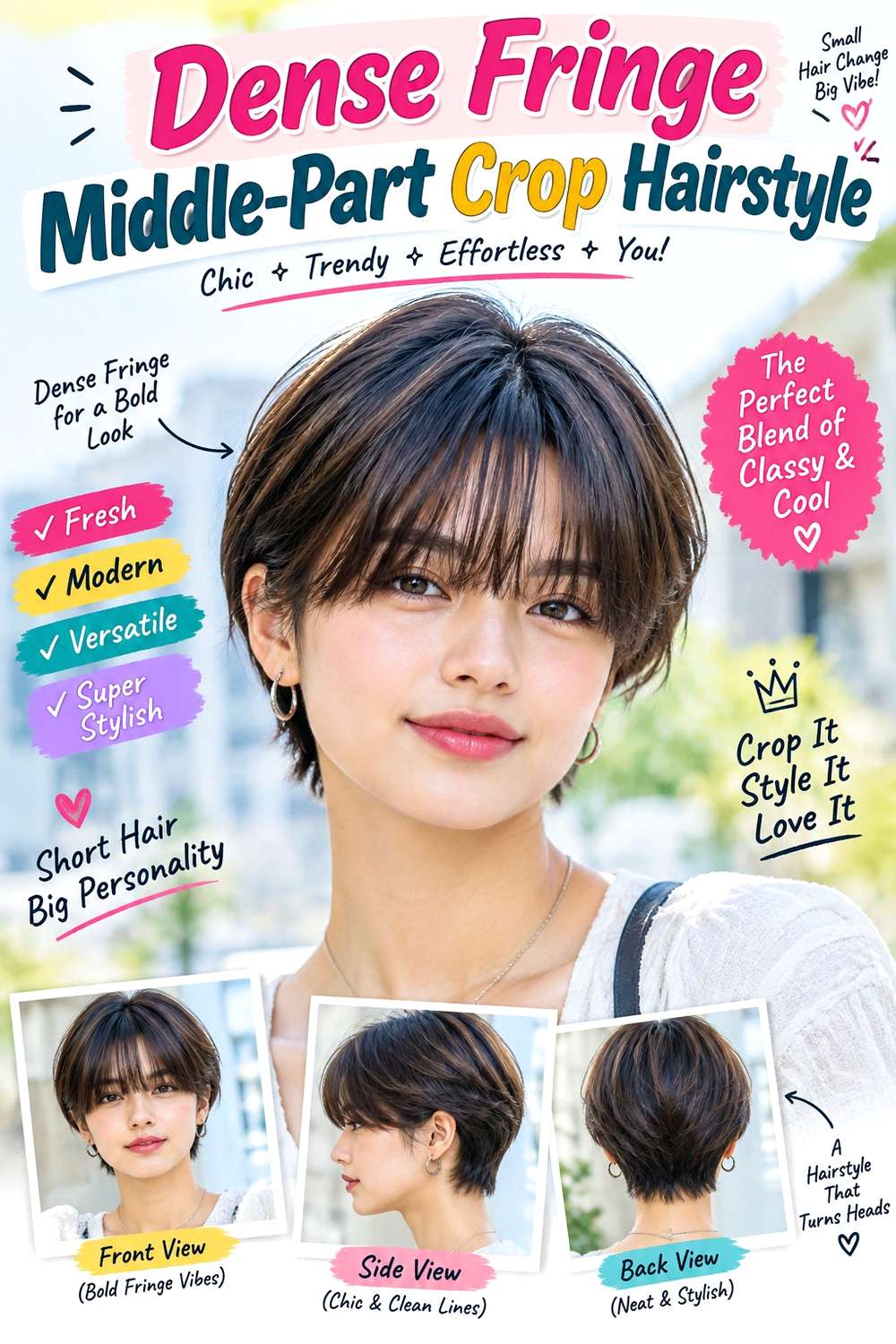 Dense Fringe Middle-Part Crop Hairstyle