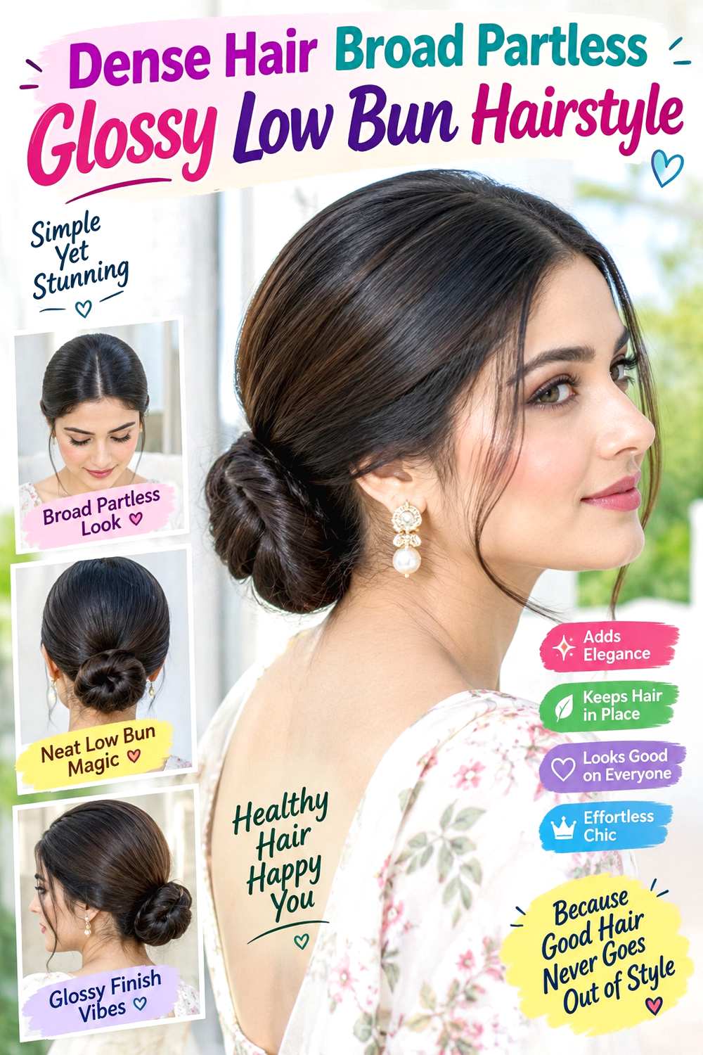 Dense Hair Broad Partless Glossy Low Bun Hairstyle