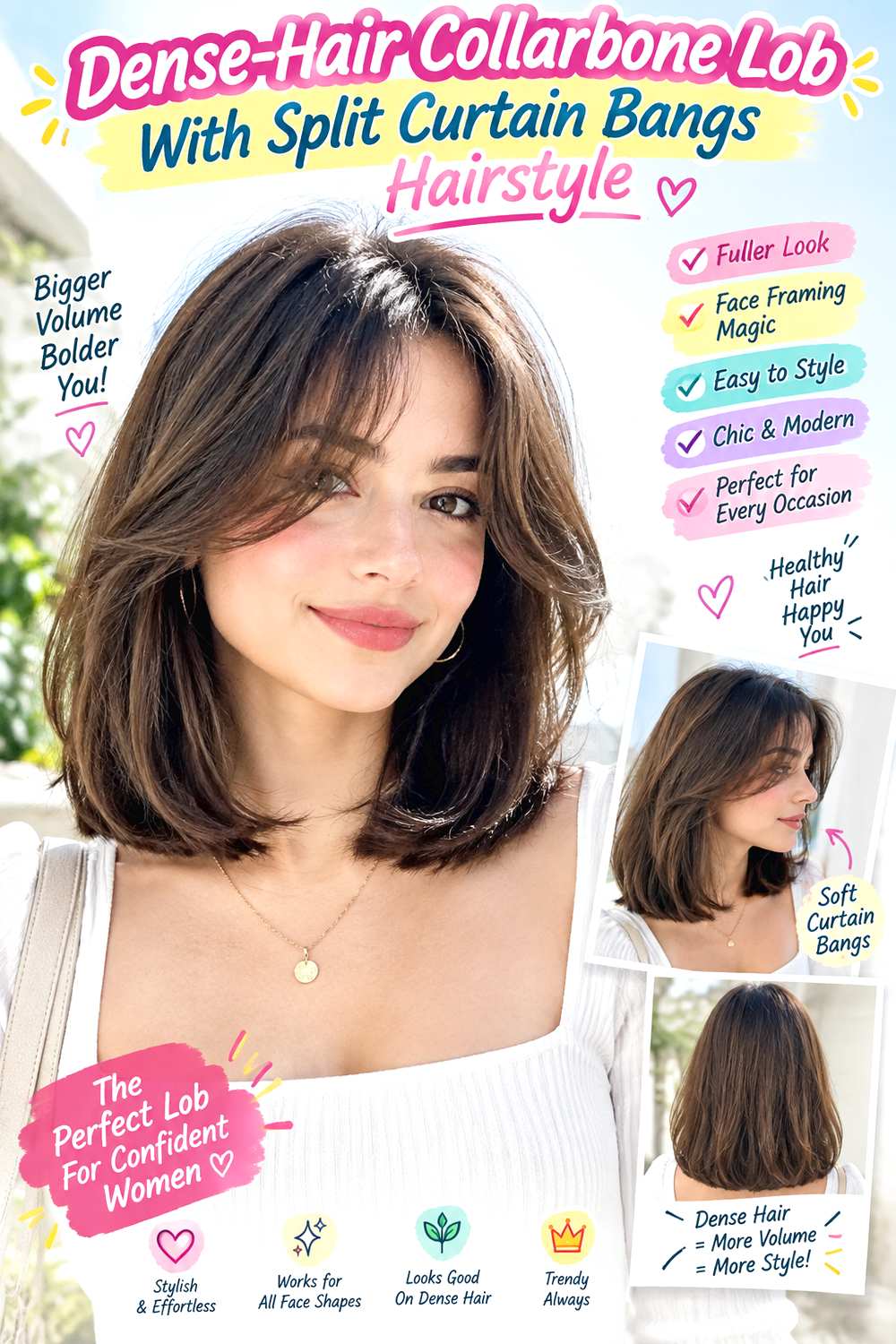 Dense-Hair Collarbone Lob With Split Curtain Bangs Hairstyle
