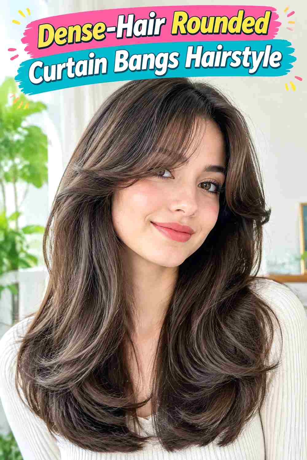 Dense-Hair Rounded Curtain Bangs Hairstyle