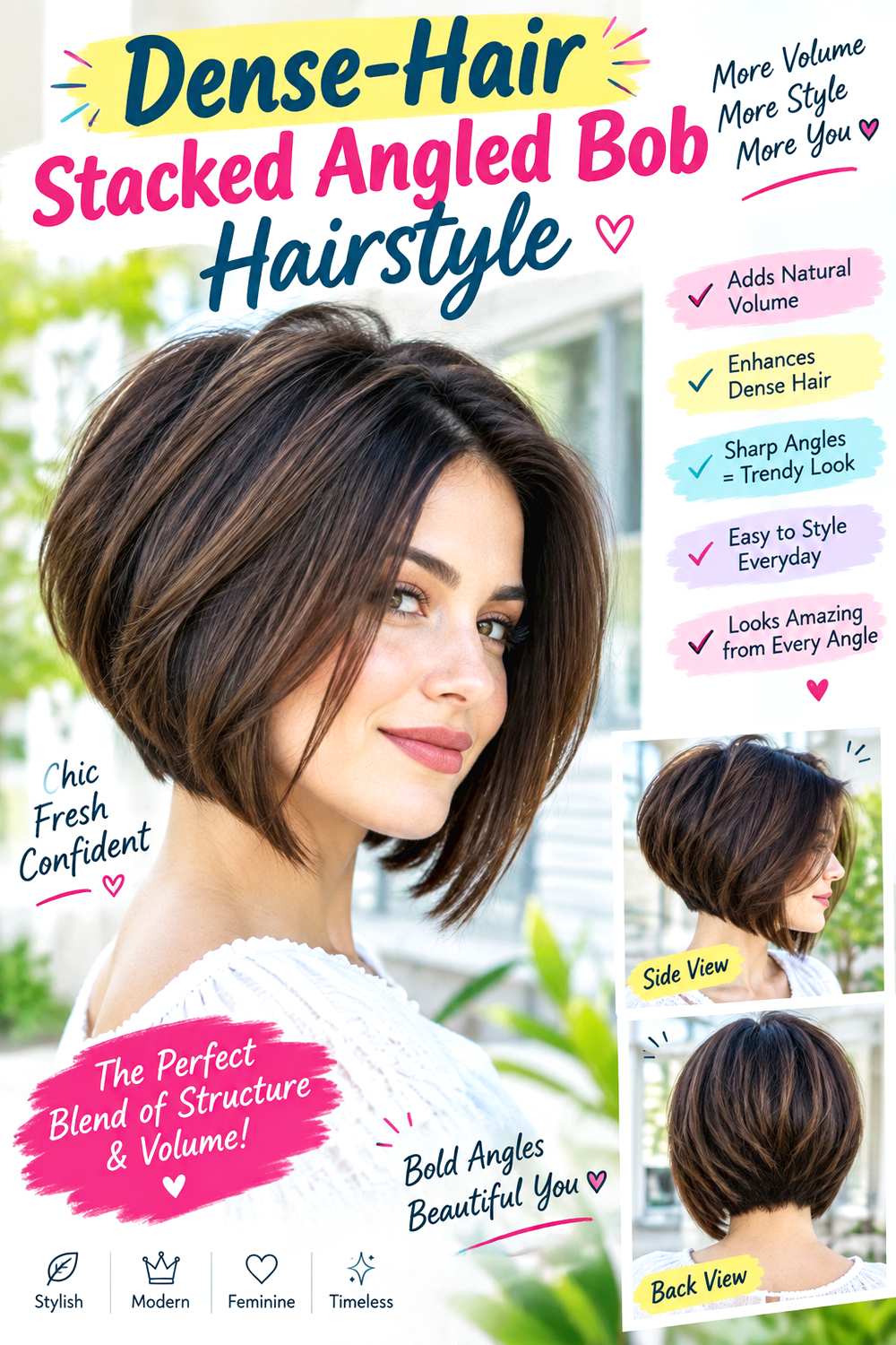 Dense-Hair Stacked Angled Bob Hairstyle