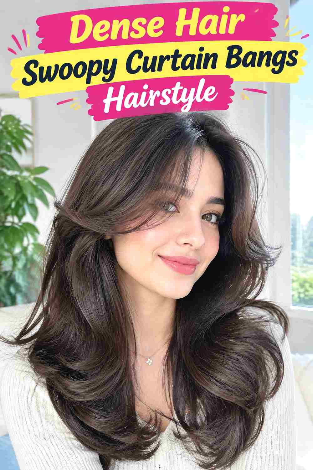 Dense Hair Swoopy Curtain Bangs Hairstyle