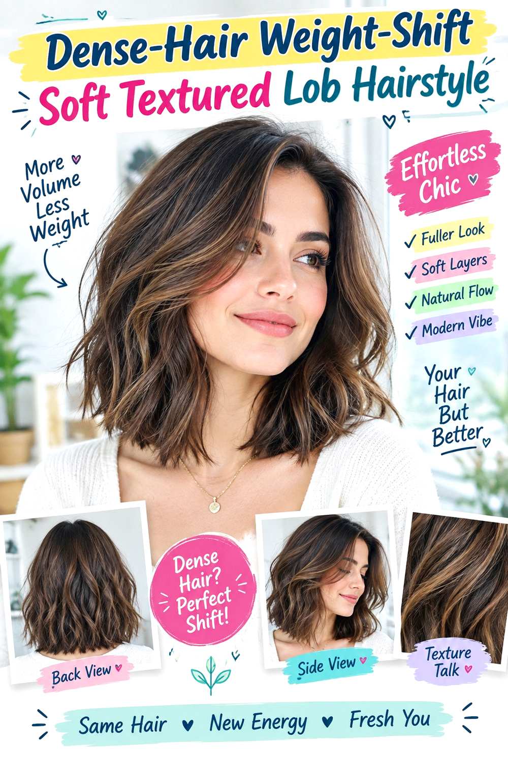 Dense-Hair Weight-Shift Soft Textured Lob Hairstyle