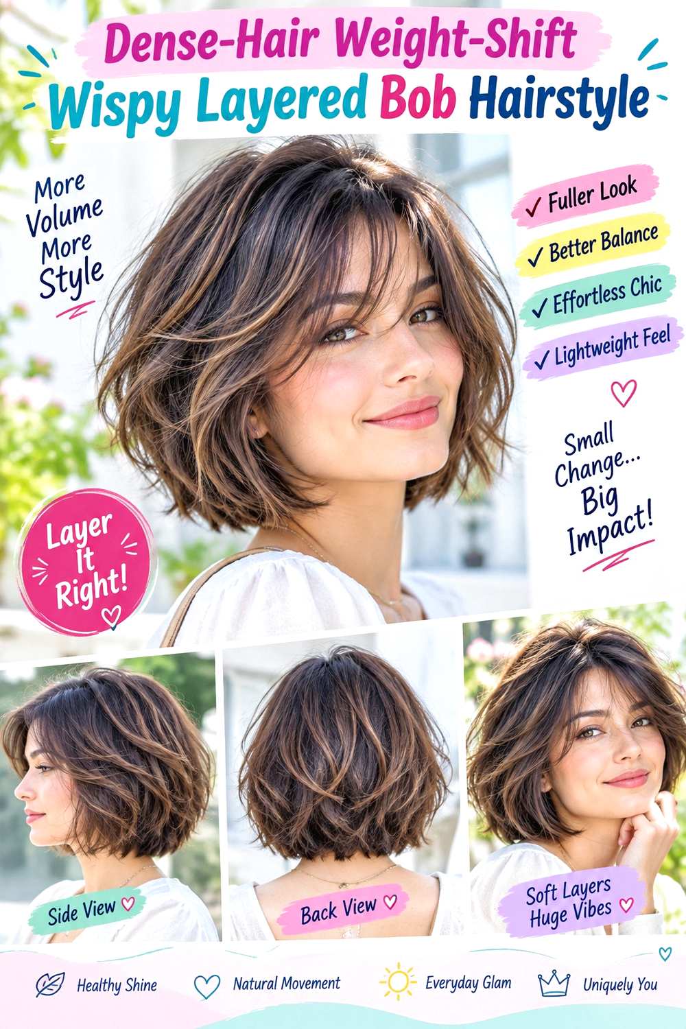 Dense-Hair Weight-Shift Wispy Layered Bob Hairstyle
