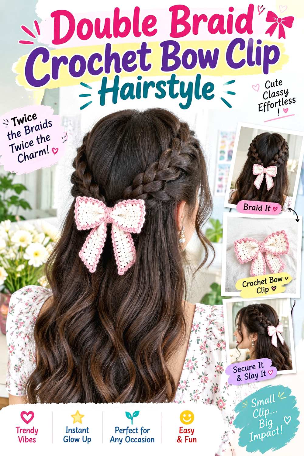 Double Braid Crochet Bow Clip Hairstyle