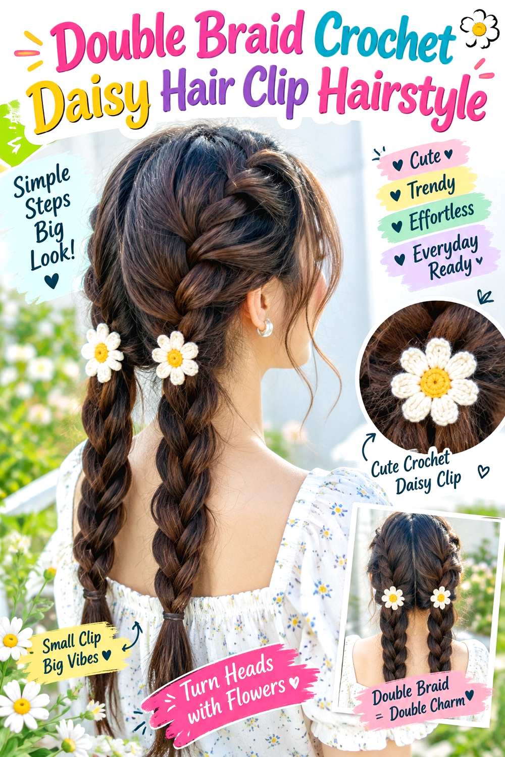 Double Braid Crochet Daisy Hair Clip Hairstyle
