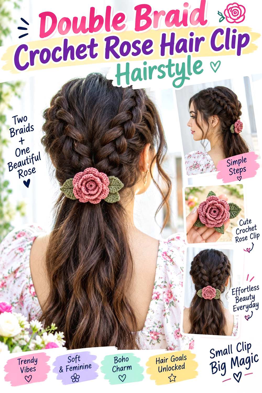 Double Braid Crochet Rose Hair Clip Hairstyle
