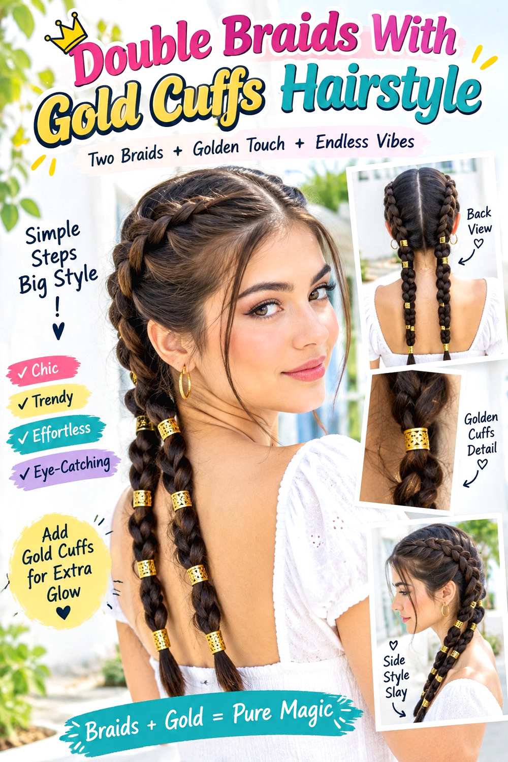 Double Braids With Gold Cuffs Hairstyle