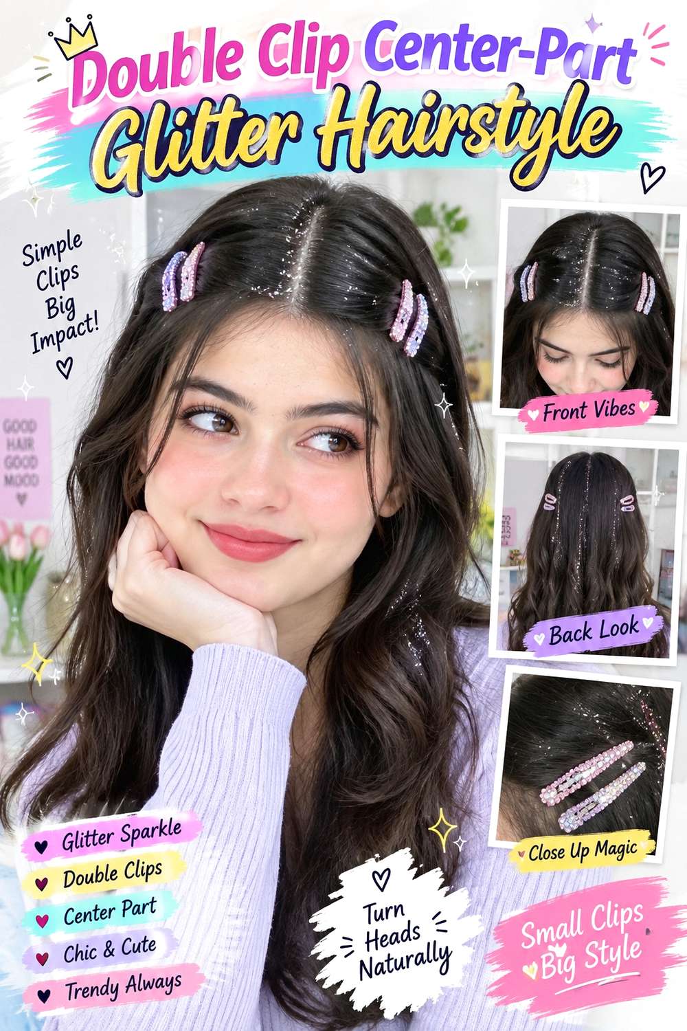Double Clip Center-Part Glitter Hairstyle
