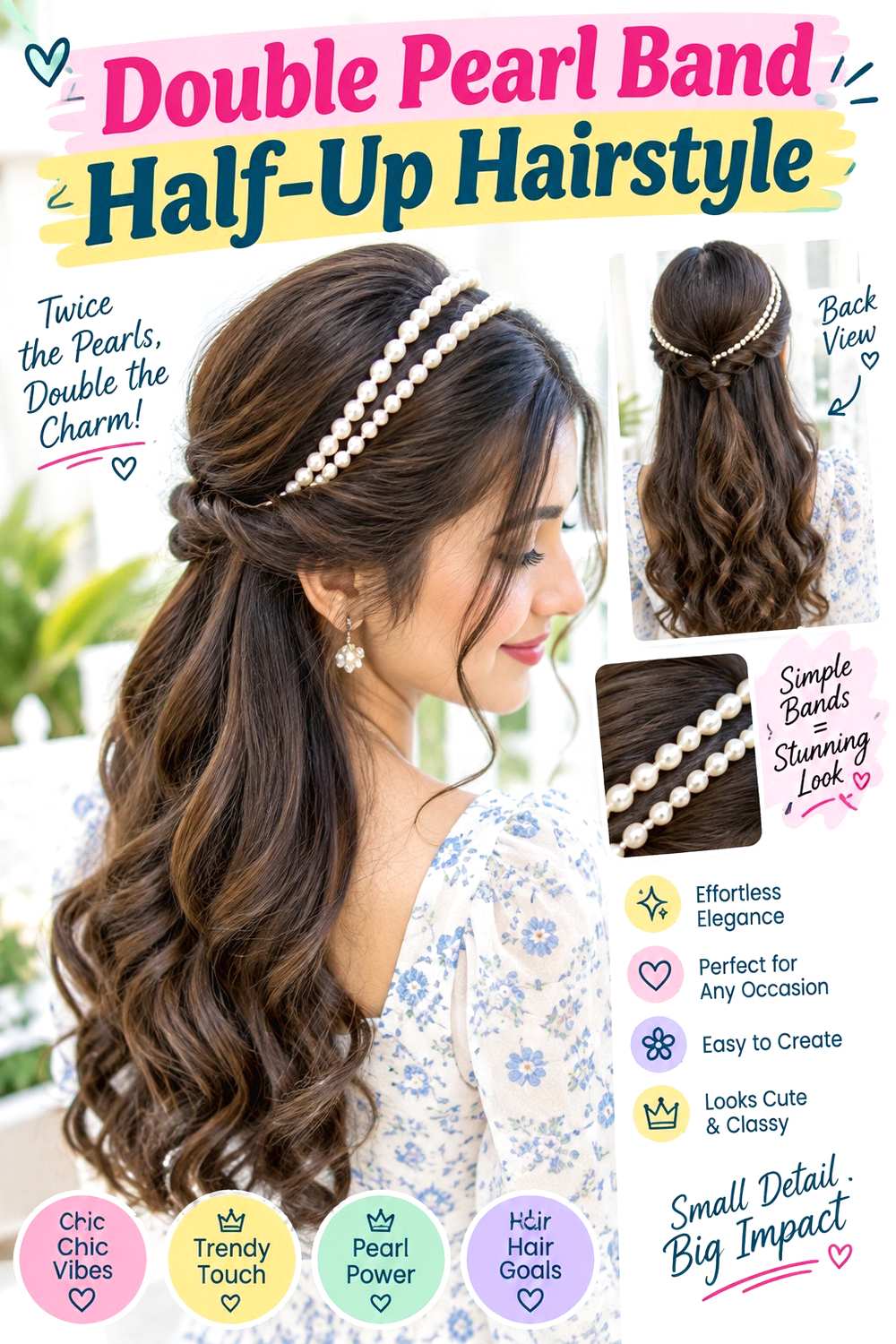 Double Pearl Band Half-Up Hairstyle